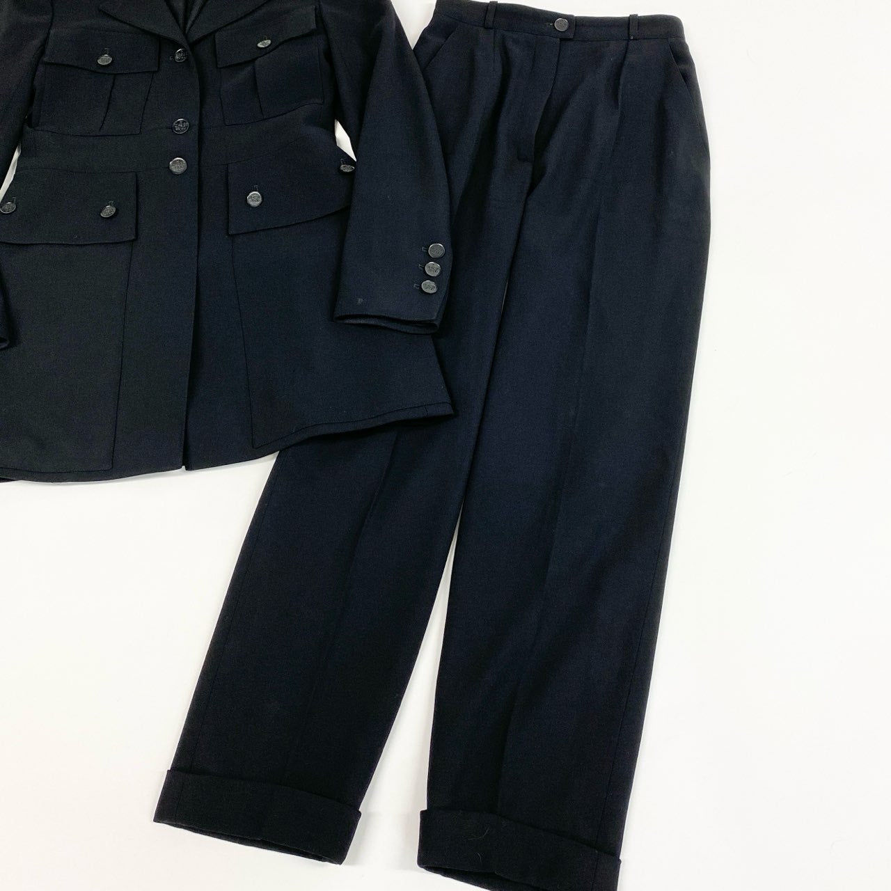 Ca15 CHANEL シャネル 1991年 P11193 スタイルアップ ジャケット パンツ セットアップサイズ36 ブラック レディースta1