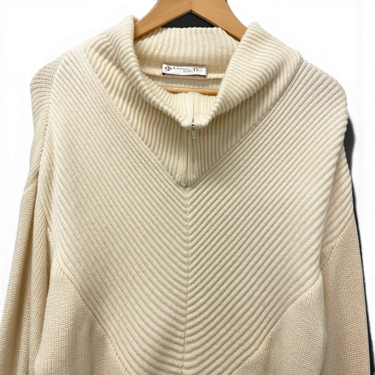 83e15 Christian Dior クリスチャンディオール Vintage ハーフジップ ニット トップス セーター ハイネック Mサイズ アイボリー系 ウール レディースo07t
