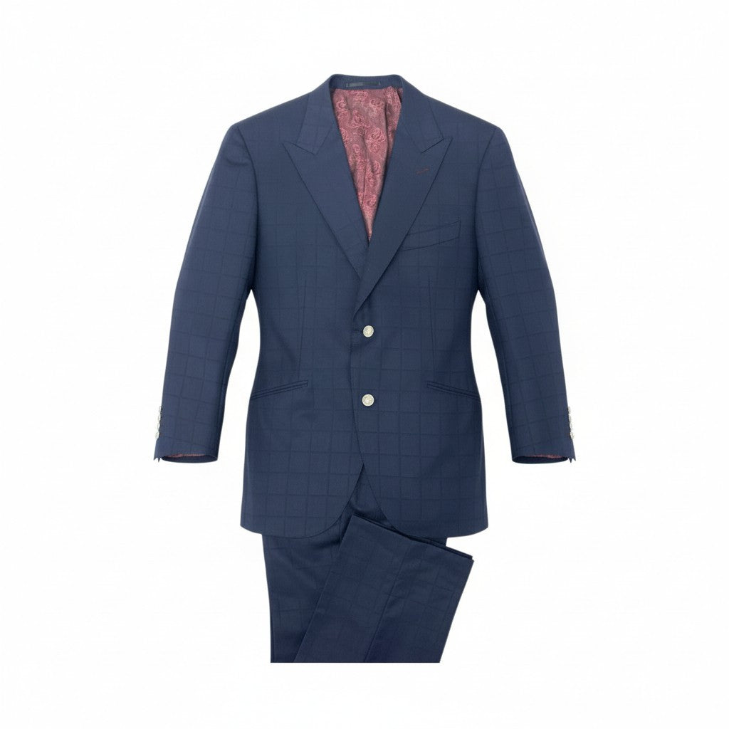 19k27 GINZA Global Style 銀座グローバルスタイル SCABAL スキャバル生地使用○ セットアップスーツ シングル 2B チェック柄 裏地ペイズリー柄  ネイビー ウール100％u02t