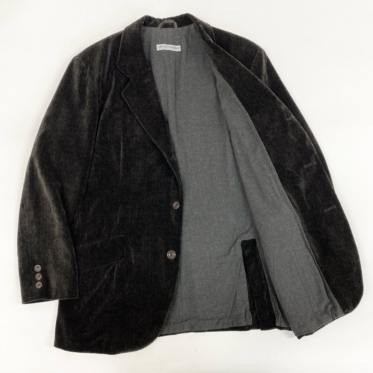 49i11 EMPORIO ARMANI エンポリオアルマーニ ベロアジャケット ヘリンボーン テーラードジャケット 90’s～00’s メンズ 男性用 1492246 48 ブラウン コットン100％u02t