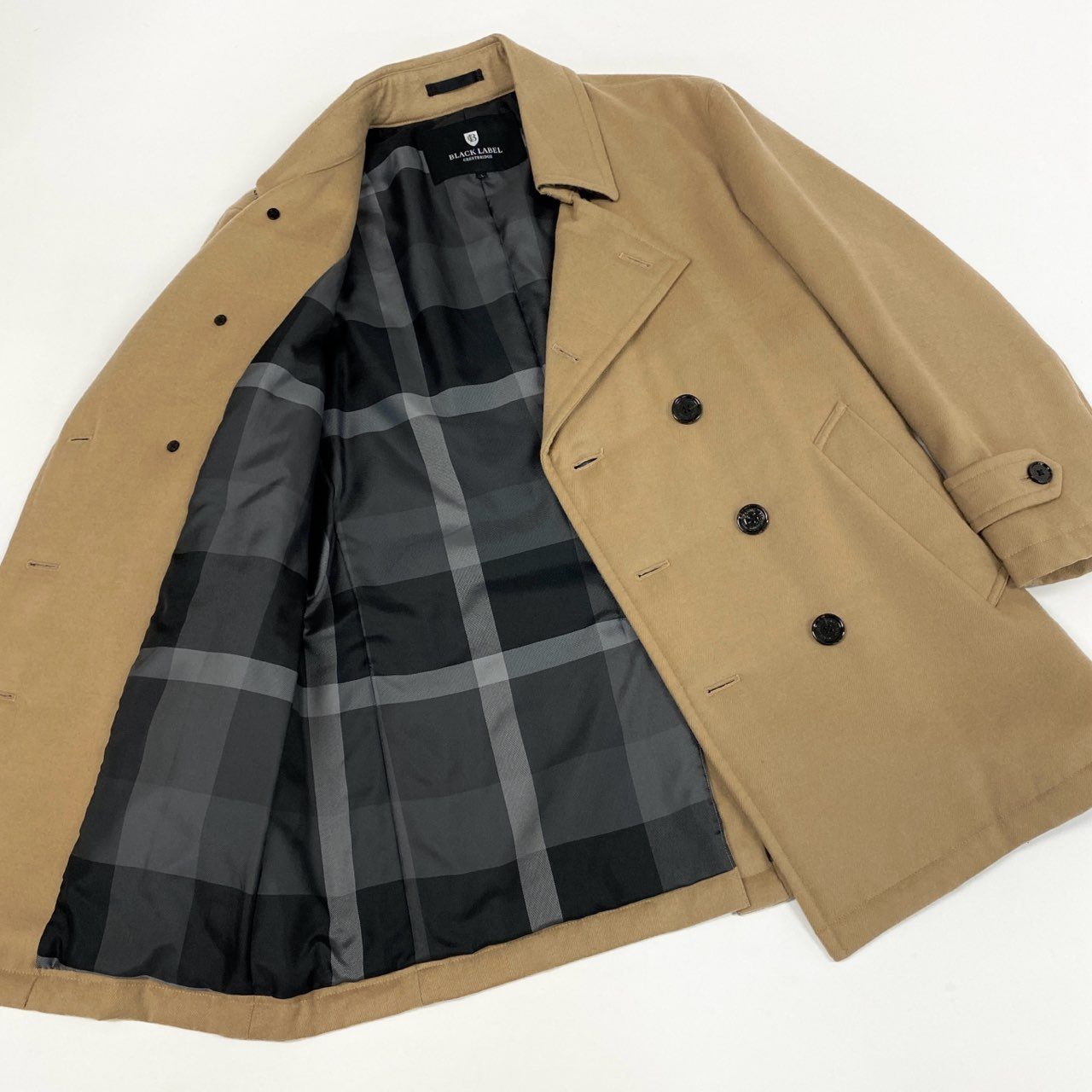 84j5 BLACK LABEL CRESTBRIDGE ブラックレーベル クレストブリッジ チェック柄 ダウン ピーコート ハーフコート ジャケット 51F15-614-46 Lサイズ ベージュ ウール 羊毛 メンズo07t