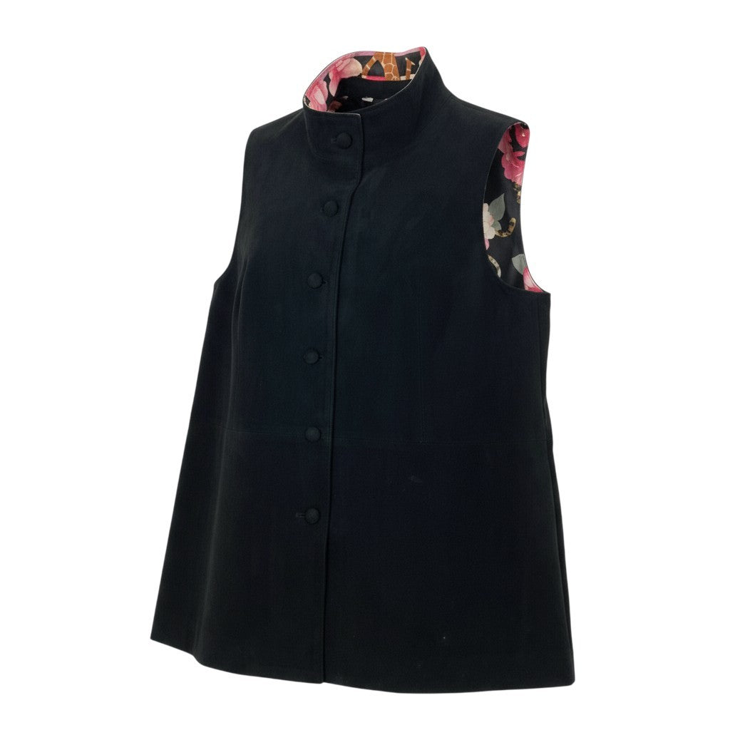 4k7 LEONARD SPORT レオナールスポーツ ジレベスト ロングべスト 美しい花柄プリント スエードレザー  40 ブラックo07t