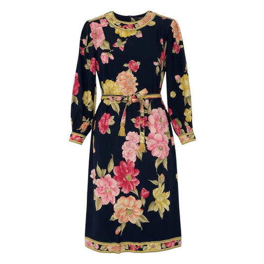 19k10 LEONARD レオナール 長袖ワンピース ロングワンピース クルーネック 花柄 0320100 Mサイズ ネイビー レディースu02t