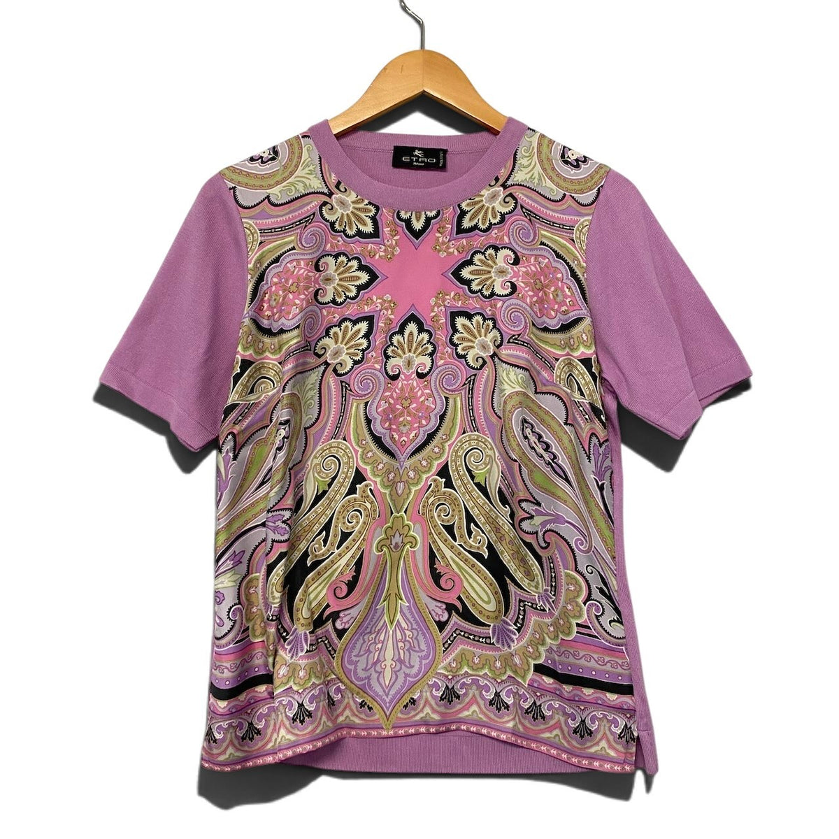 57j22 【極美品】ETRO エトロ 半袖シルクニットセーター 異素材切替 総柄 トップス 44サイズ パープル シルク100％ レディース 女性用u02t