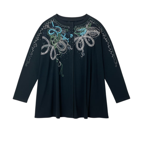 46a30 TOKUKO 1er VOL トクコプルミエヴォル ロングスリーブカーディガン チュニック丈 スパンコール 刺繍 ストレッチ○ レディース 9 ブラックu02t