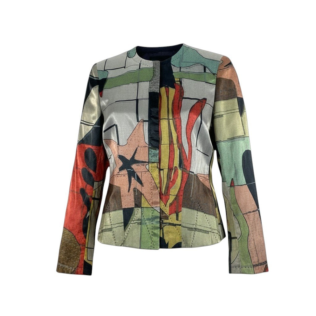 78j6 【美品】GIORGIO ARMANI ジョルジオアルマーニ ノーカラージャケット  アートプリント イタリア製 38サイズ マルチカラー レディース 女性用u02t