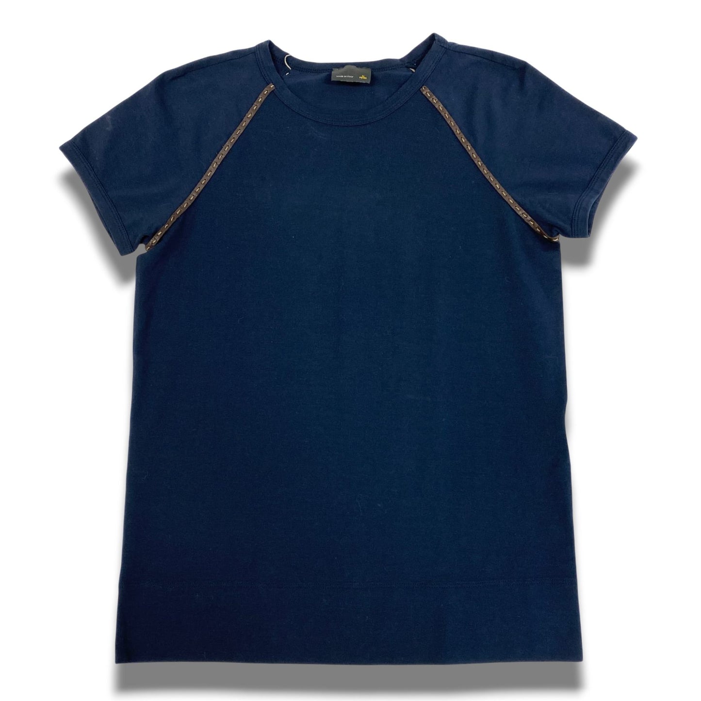 Eb20  FENDI フェンディ レザーパイピング 半袖Tシャツ カットソー 42 ネイビー レディースu02t
