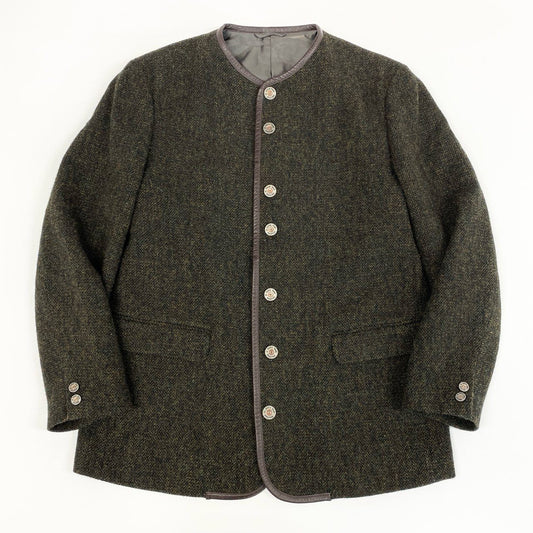 51f3 Papas パパス Harris Tweed ハリスツイード ノーカラー ツイードジャケット オーバーサイズ レザーパイピング アウター 50 L グリーン カーキ系 ウール 牛革