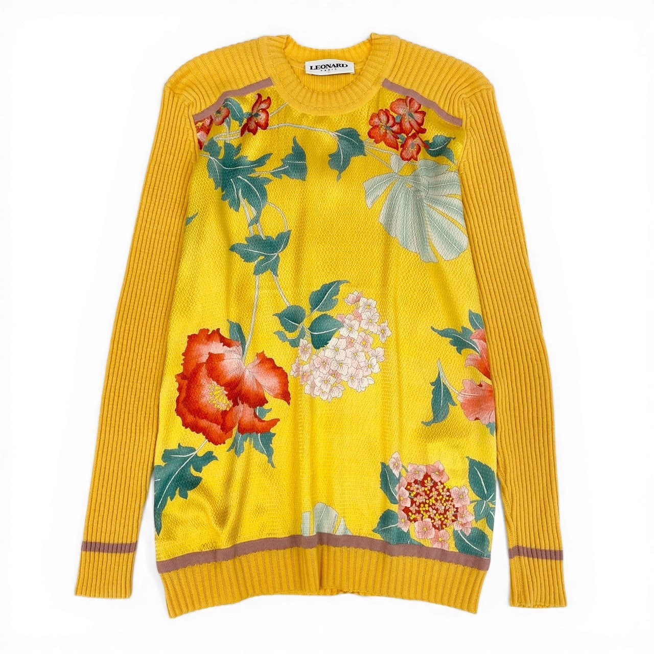 68d13 【極美品】 LEONARD PARIS レオナール ロングスリーブ ニットセーター リブニット 異素材切替 美しい花柄プリント サイズL イエロー レディース 女性用u02t