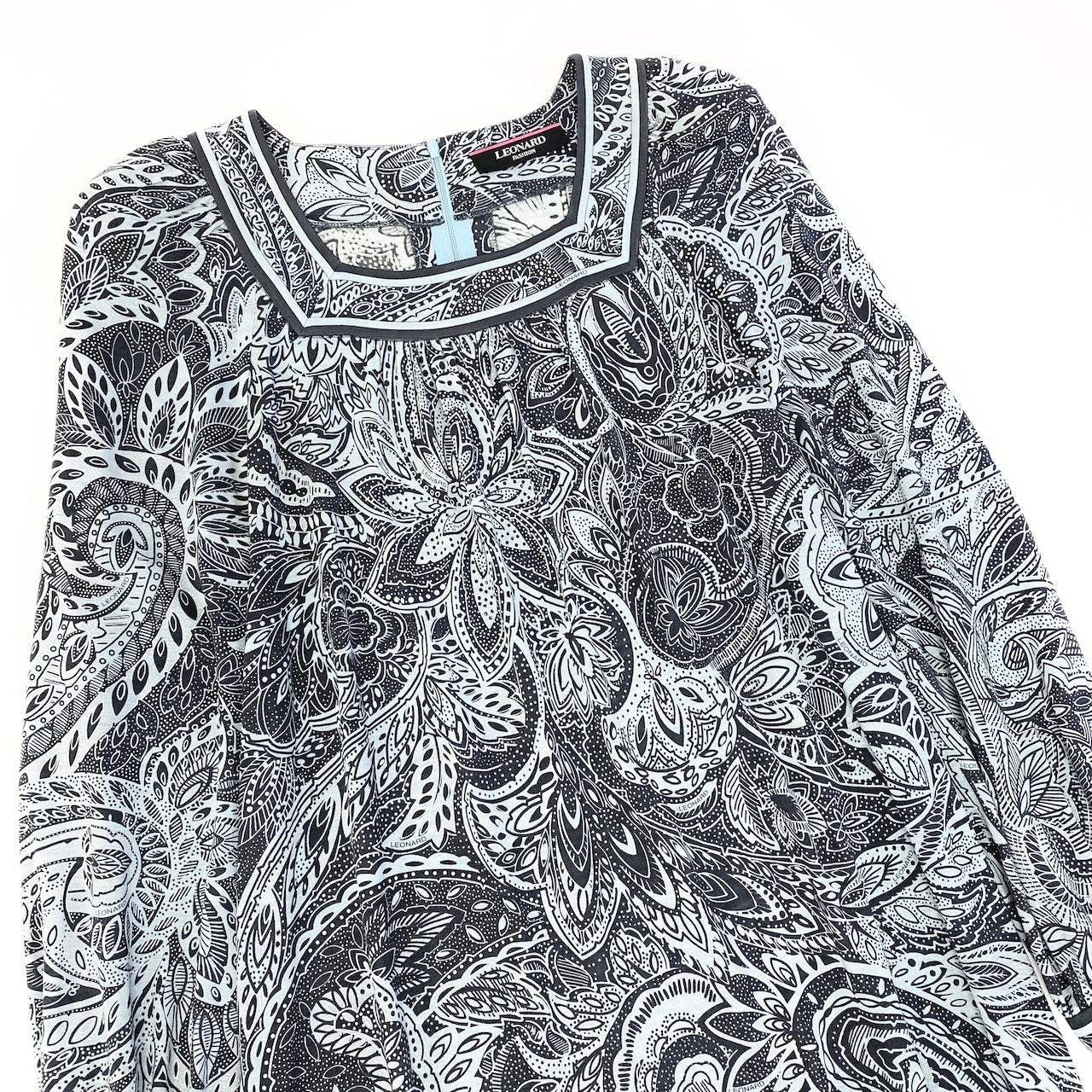 65e7 LEONARD FASHION レオナール スクエアネック ロングワンピース ペイズリー柄 ロングスリーブ サイズ42 ライトブルー ネイビー ウール シルク レディース 女性服o07t