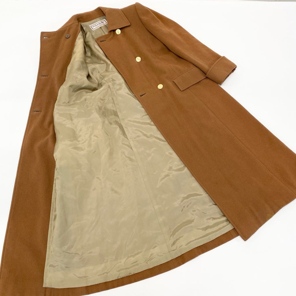 3l27 YVES SAINT LAURENT イヴサンローラン YSL 金ボタン ウールロングコート サイズS キャメル 画像参照 Vintage ヴィンテージ レトロ 女性服t18r