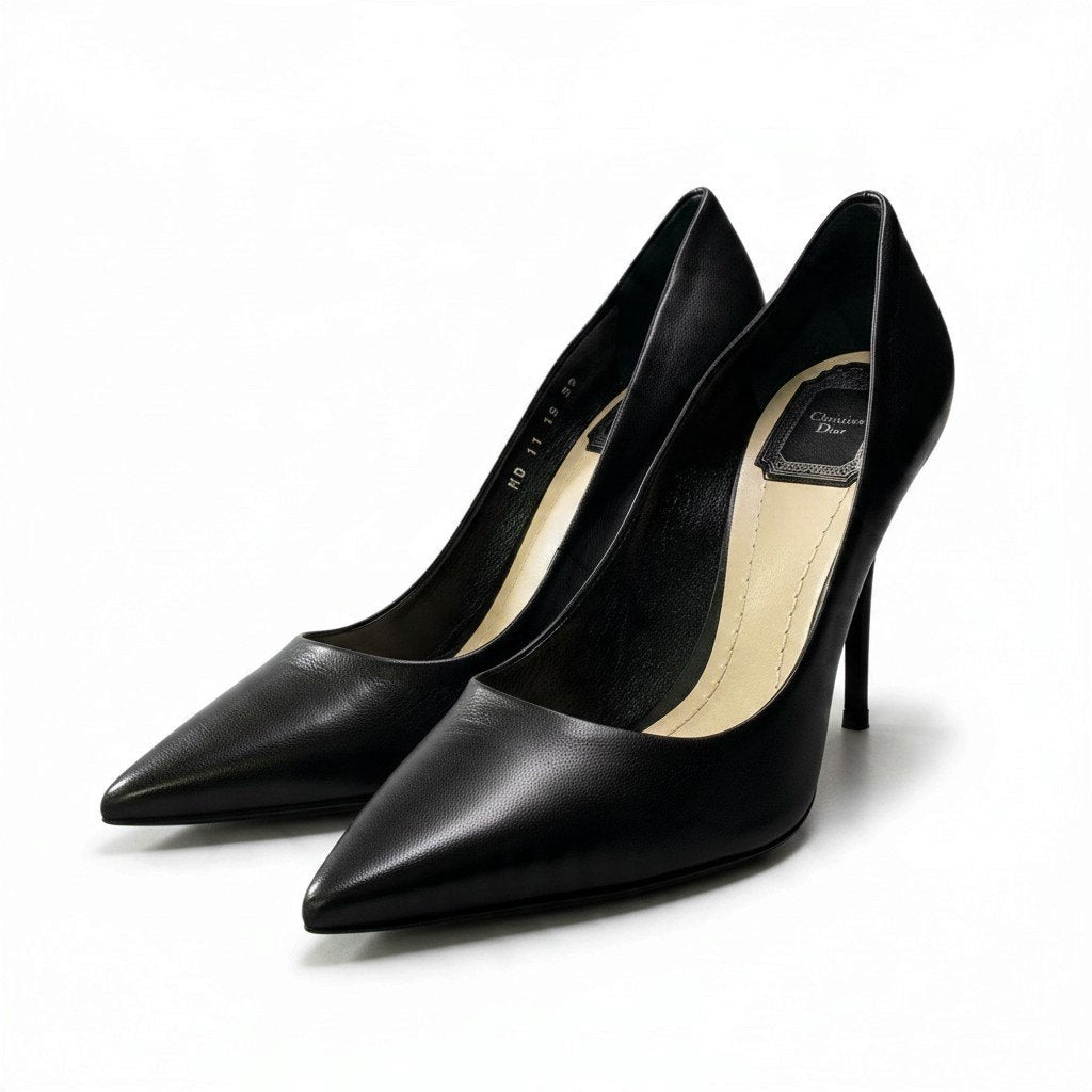 j13 【極美品】Christian Dior レザーパンプス ポインテッドヒールパンプス 39サイズ ブラック レザー レディース 女性用k02i