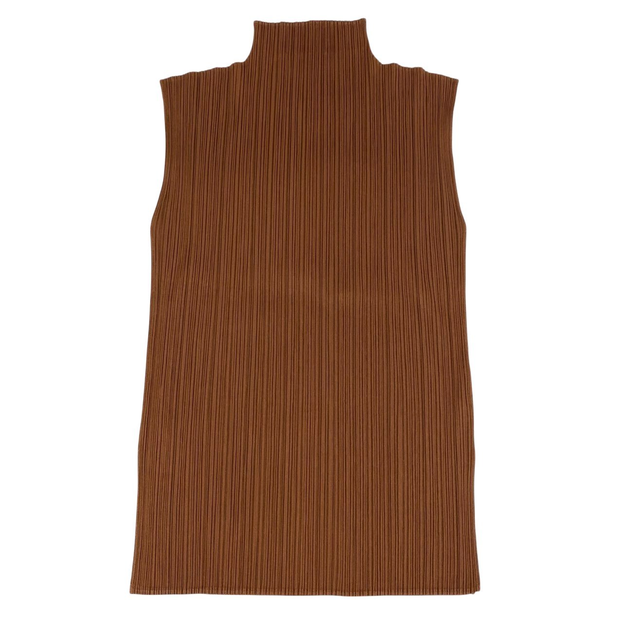 49L9 【美品】PLEATS PLEASE プリーツプリーズ ハイネックノースリーブカットソー プリーツ スリット 3サイズ ブラウン ポリエステル100％ レディースo07t