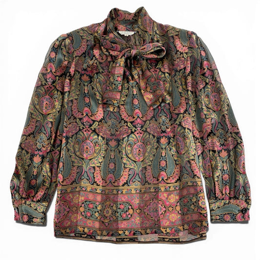 35a30 Vintage Yves Saint Laurent ヴィンテージ イヴサンローラン YSL ペイズリーシルクブラウス ボウタイシャツ Paisley Silk Blouse Bow Tie Shirt M マルチカラー シルク レディースo07t