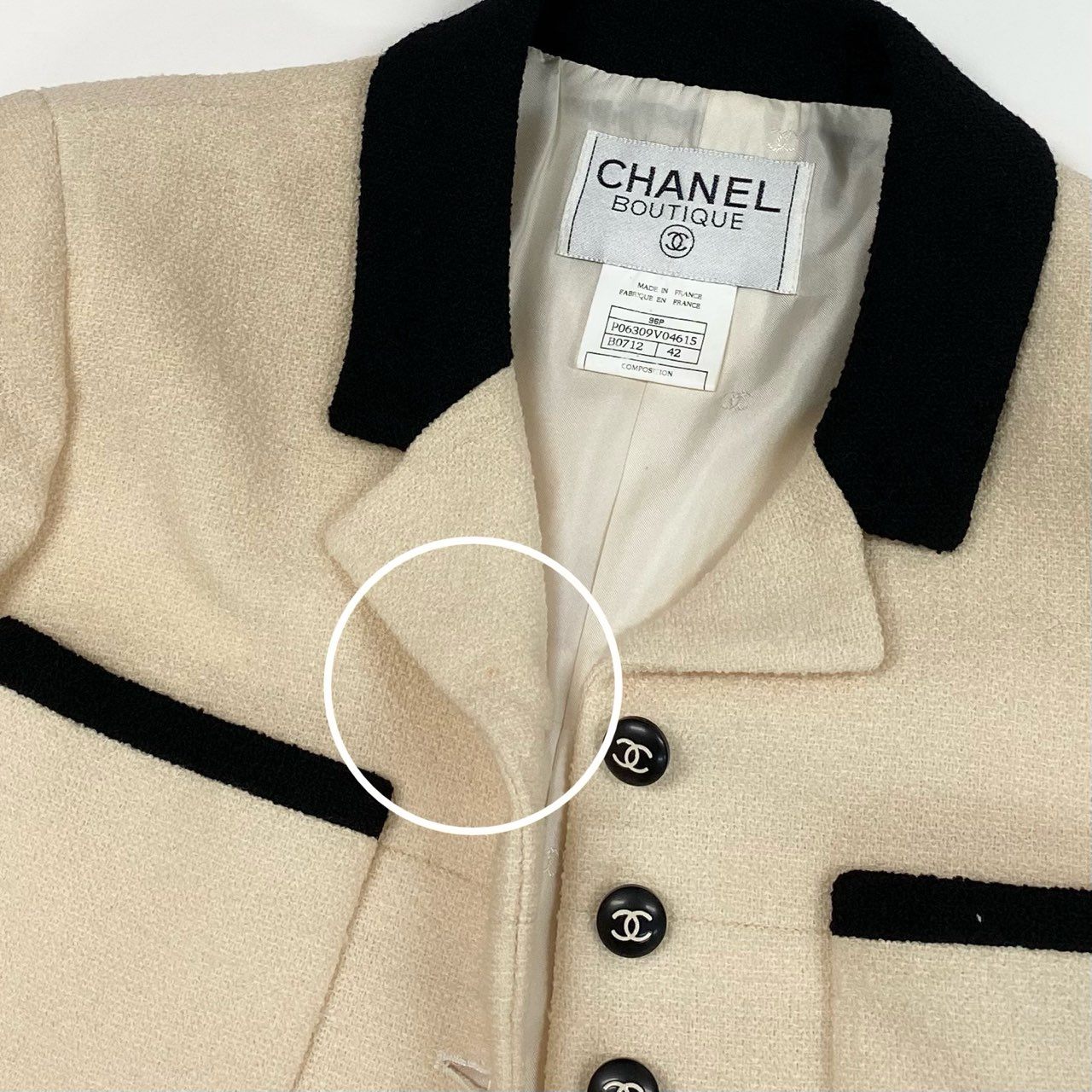 10f20 Vintage CHANEL シャネル 1996 ツイードジャケット テーラージャケット バイカラー ココマークボタン 42 アイボリー ブラック レディースta1