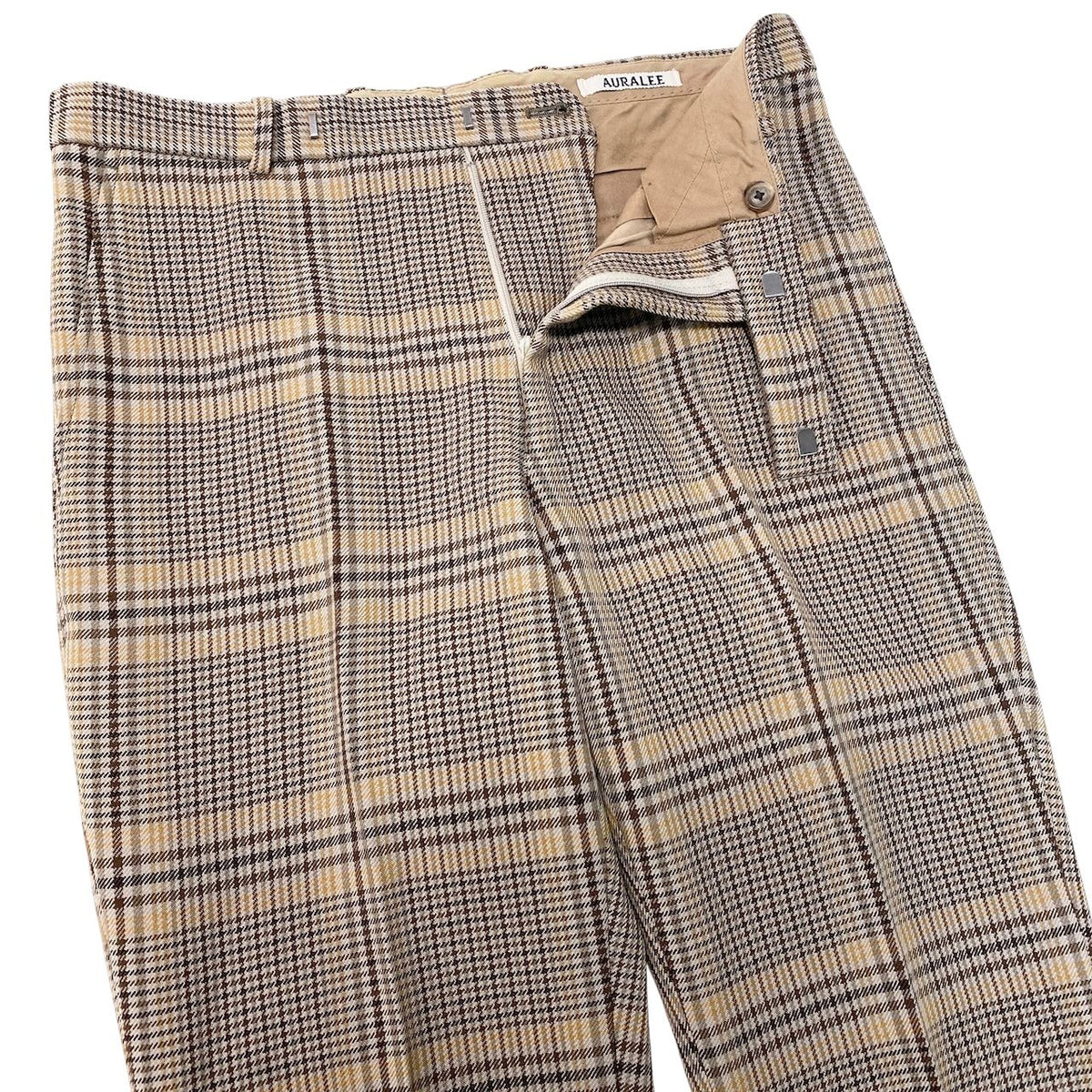 27j16 【美品】 AURALEE オーラリー 19AW WOOL SERGE CHECK NARROW SLACKS スラックスパンツ チェック柄 A9AP03SC サイズ3 ブラウン系 メンズu02t