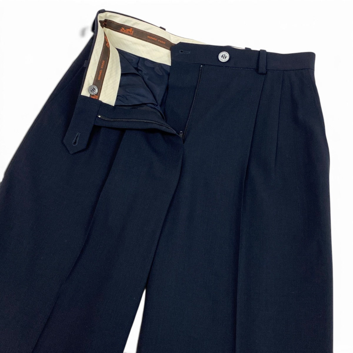 Ei7 【美品】  Hermès エルメス ゴルチエ期 ワイドスラックス シェルボタン サイズ38 ネイビー ウール100％ レディースk02i