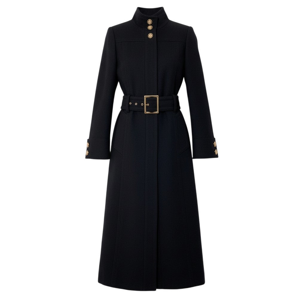 i27 【美品】DOLCE＆GABBANA ロングコート スタンドカラー ウエストベルト ブラック ウール100％ レディース 女性用u02t