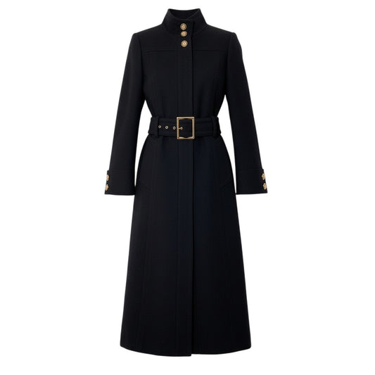 i27 【美品】DOLCE＆GABBANA ロングコート スタンドカラー ウエストベルト ブラック ウール100％ レディース 女性用u02t