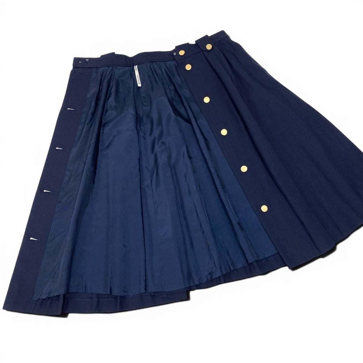 76g14 BURBERRY バーバリー フロントボタン タックスカート ミディ丈 金ボタン サイズ9AR ネイビー ウール100％ レディースu02t