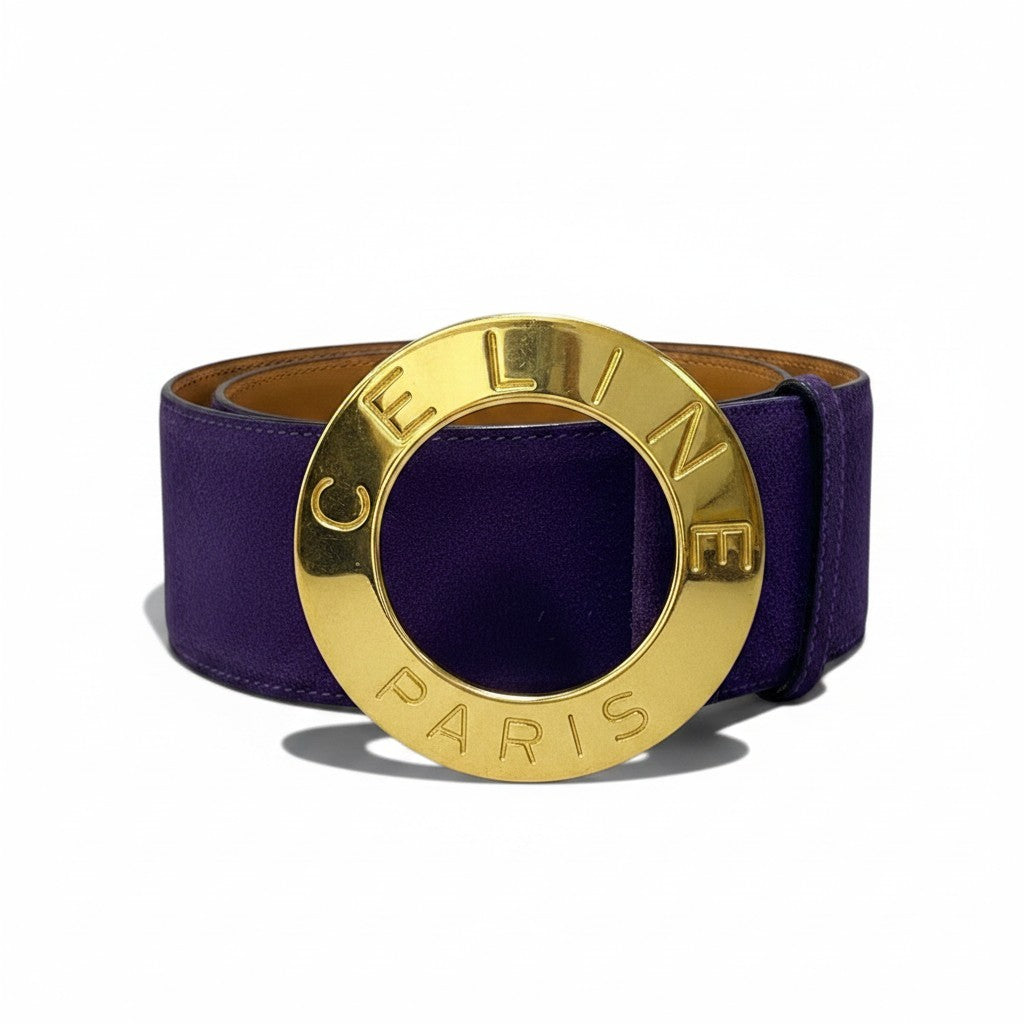 h29 CELINE セリーヌ サークルロゴ スエードレザー ベルト Vintage Circle Logo Suede Leather Belt Purplet18r