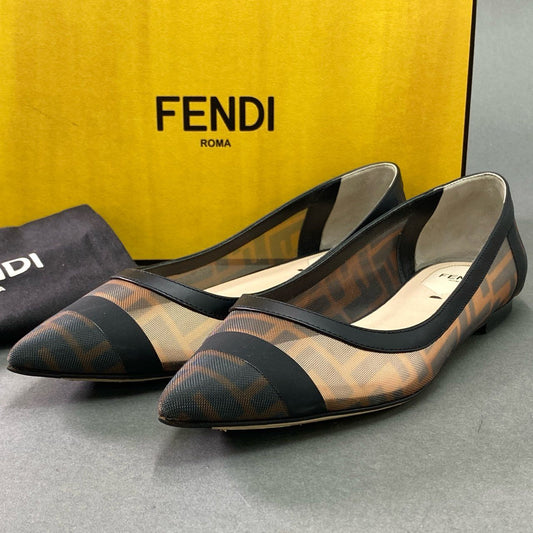 5k6 【イタリア製】FENDI フェンディ メッシュ素材 ズッカ柄 フラットシューズ フラットパンプス サイズ37 レディース 女性用 靴 シューズ