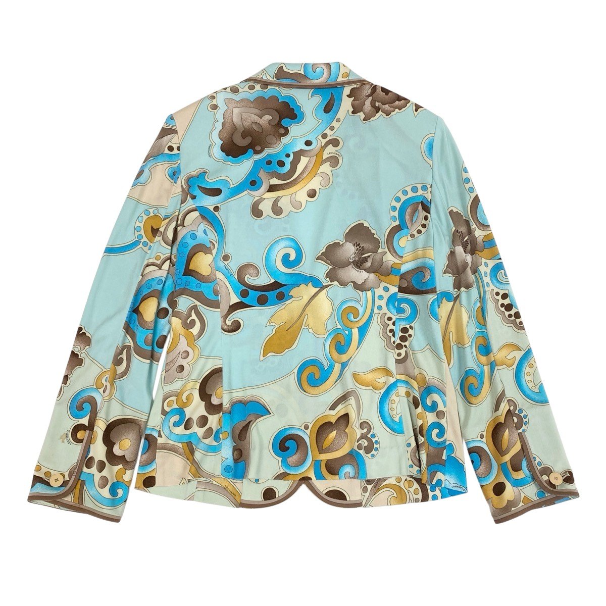 54f29 LEONARD FASHION レオナール カンカン素材 テーラードジャケット 総柄プリント サイズL ライトブルー レディースu02t