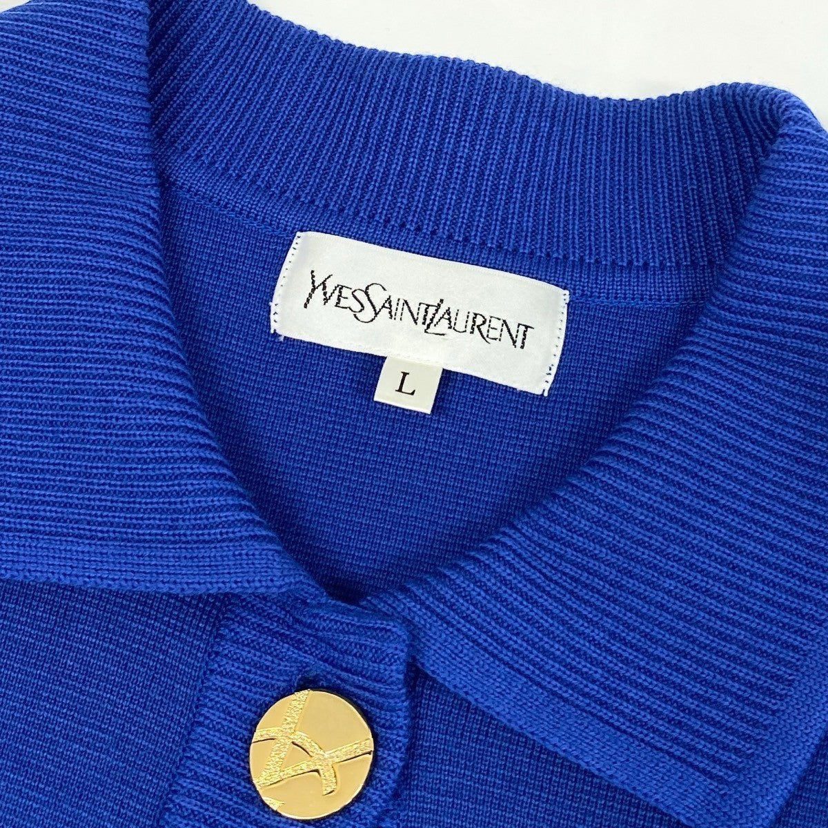 Eh6 Yves Saint Laurent イヴサンローラン ニットカーディガン 金ボタン 日本製 ウールニット YSLロゴボタン SQS7A559 L ブルー ウール100％ レディース 女性用o07t