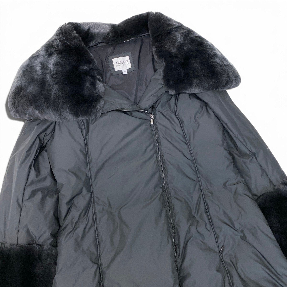 76i2 ARMANI COLLEZIONI アルマーニコレツィオーネ ダウンコート ロングジャケット ダブルジップ ボリュームネック サイズ42 ブラック レディースo07t