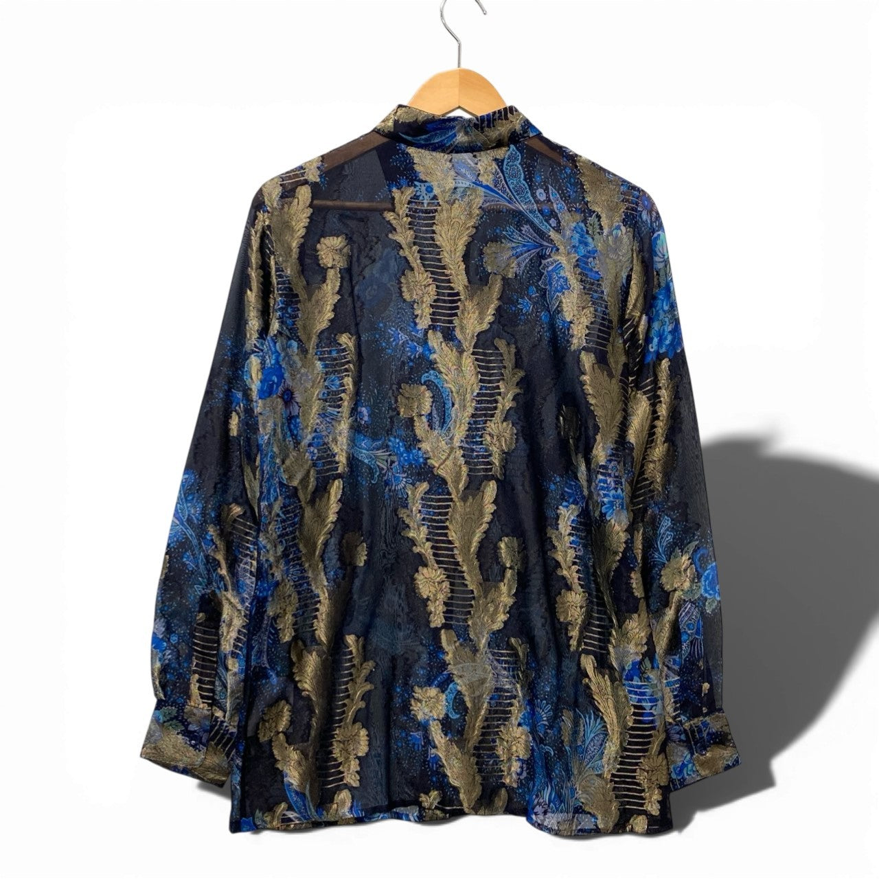 44b18 ETRO エトロ ロングスリーブ シアーシャツ 美しい花柄プリント ゴールド刺繍 シルクブレンド イタリア製 レディース 女性用 サイズ42 ネイビーu02t