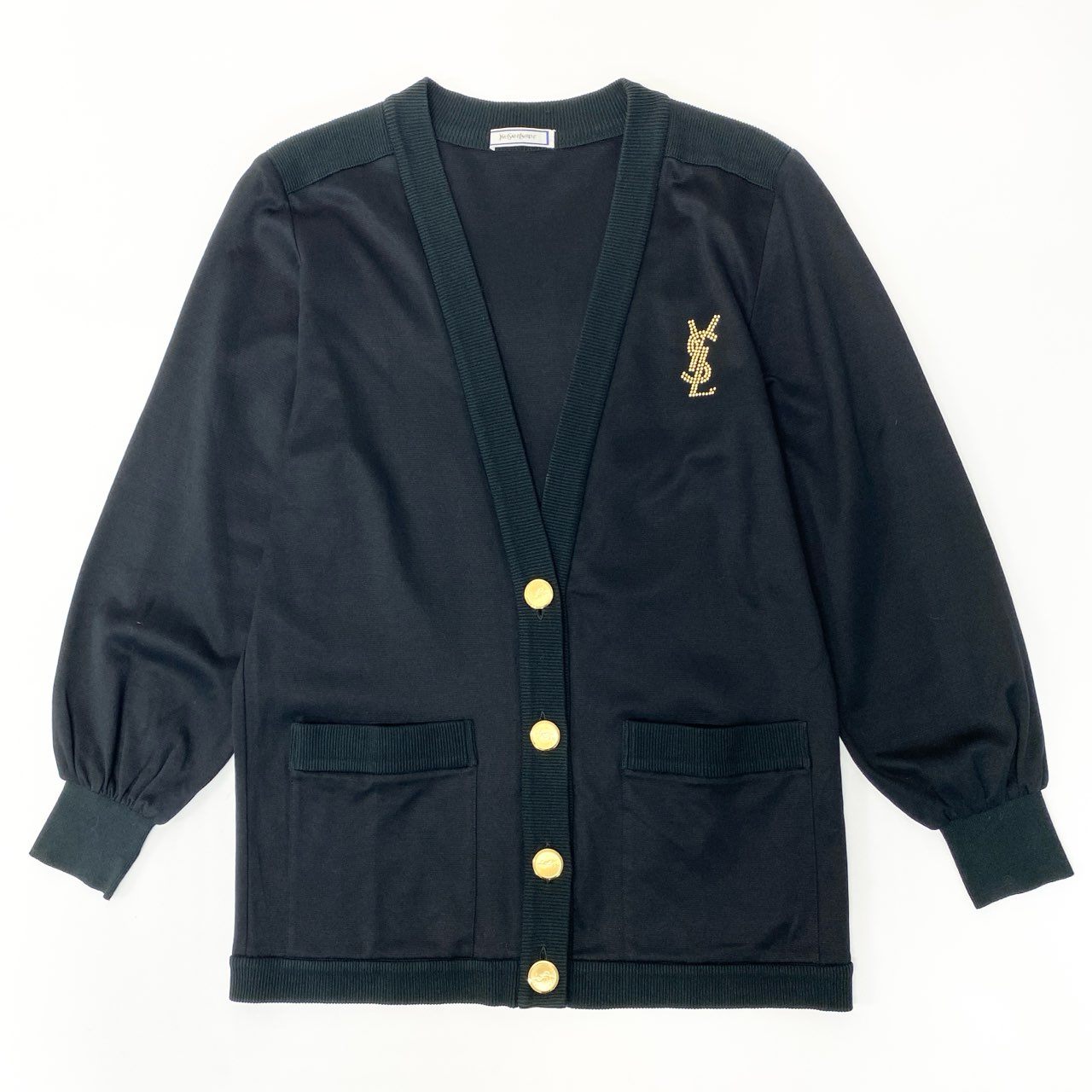 Ia29 Vintage Yves Saint Laurent ヴィンテージ イヴサンローラン YSL カサンドラロゴ ビジュー 金ボタン カーディガン 羽織 Cassandre Logo Cardigan Gold Buttons M ブラック コットン レディースo07t