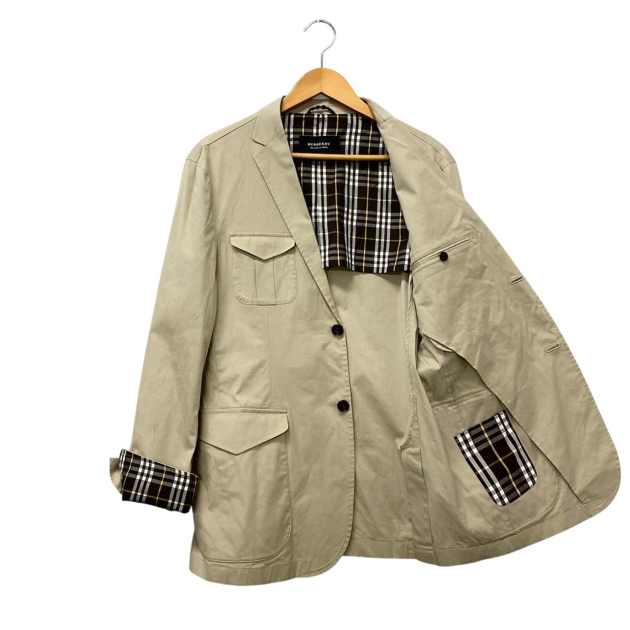 77e18 BURBERRY バーバリー テーラードジャケット ブレザー 背抜き 裏地チェック柄 Lサイズ ベージュ コットン メンズo07t