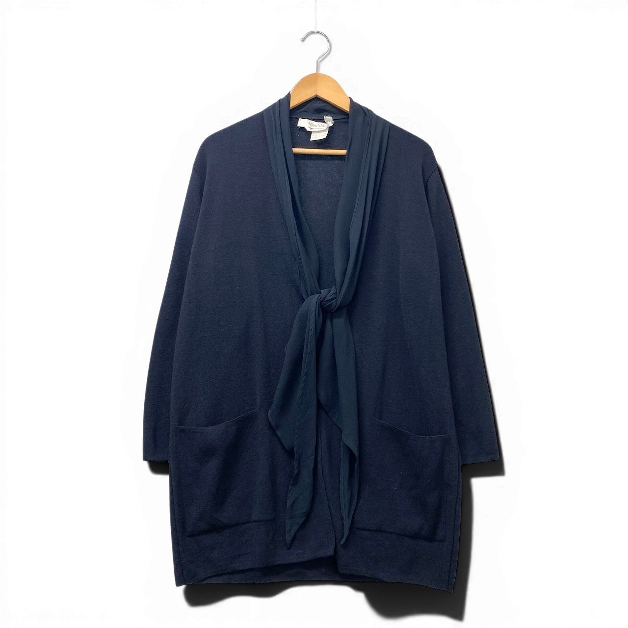 82f16 Max Mara マックスマーラ ロングニットカーディガン 異素材切替 ウールニット ネイビー レディース 女性用u02t