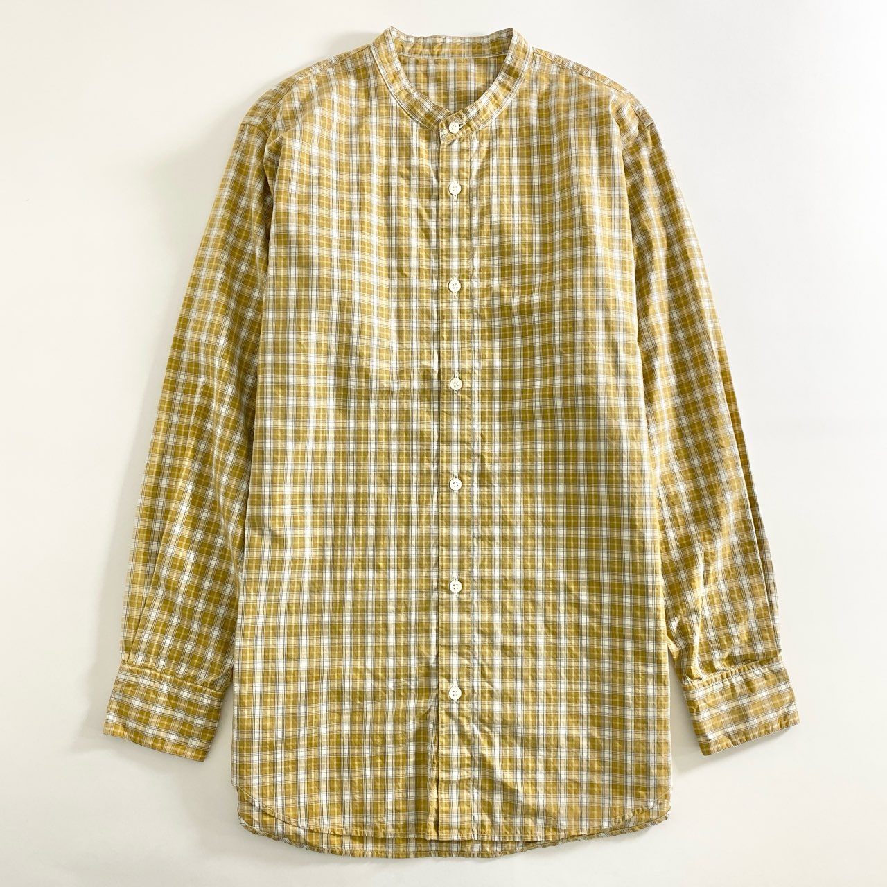 76d12 日本製 Papas パパス 長袖シャツ チェックシャツ バンドカラーシャツ M イエロー コットン100％ メンズ 紳士服