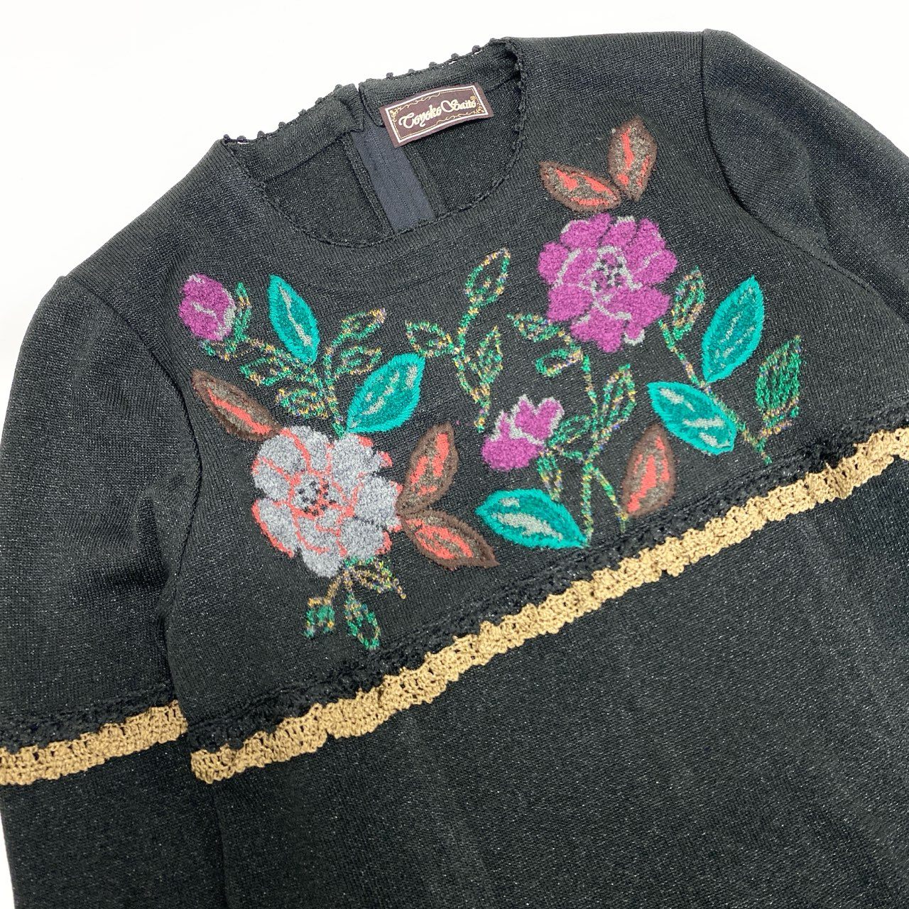 14j10 《美品》TOYOKO SAITO サイトウトヨコ 斎藤都世子 ニットセットアップ パンツセットアップ 花柄刺繍 ラメ ブラック レディースo07t