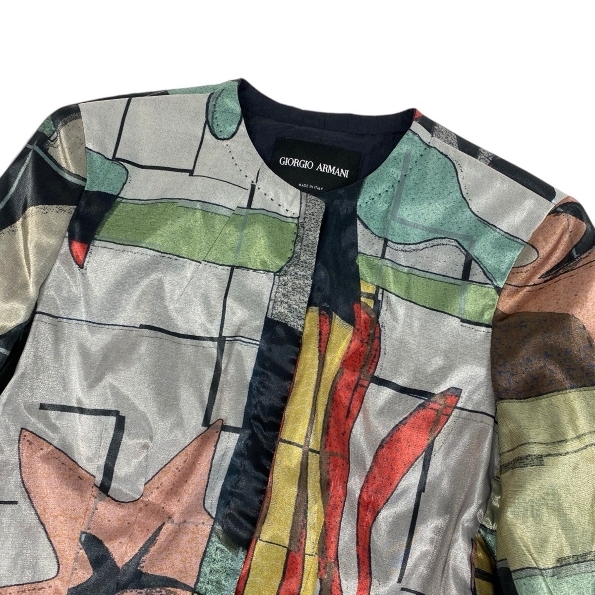 78j6 【美品】GIORGIO ARMANI ジョルジオアルマーニ ノーカラージャケット  アートプリント イタリア製 38サイズ マルチカラー レディース 女性用u02t
