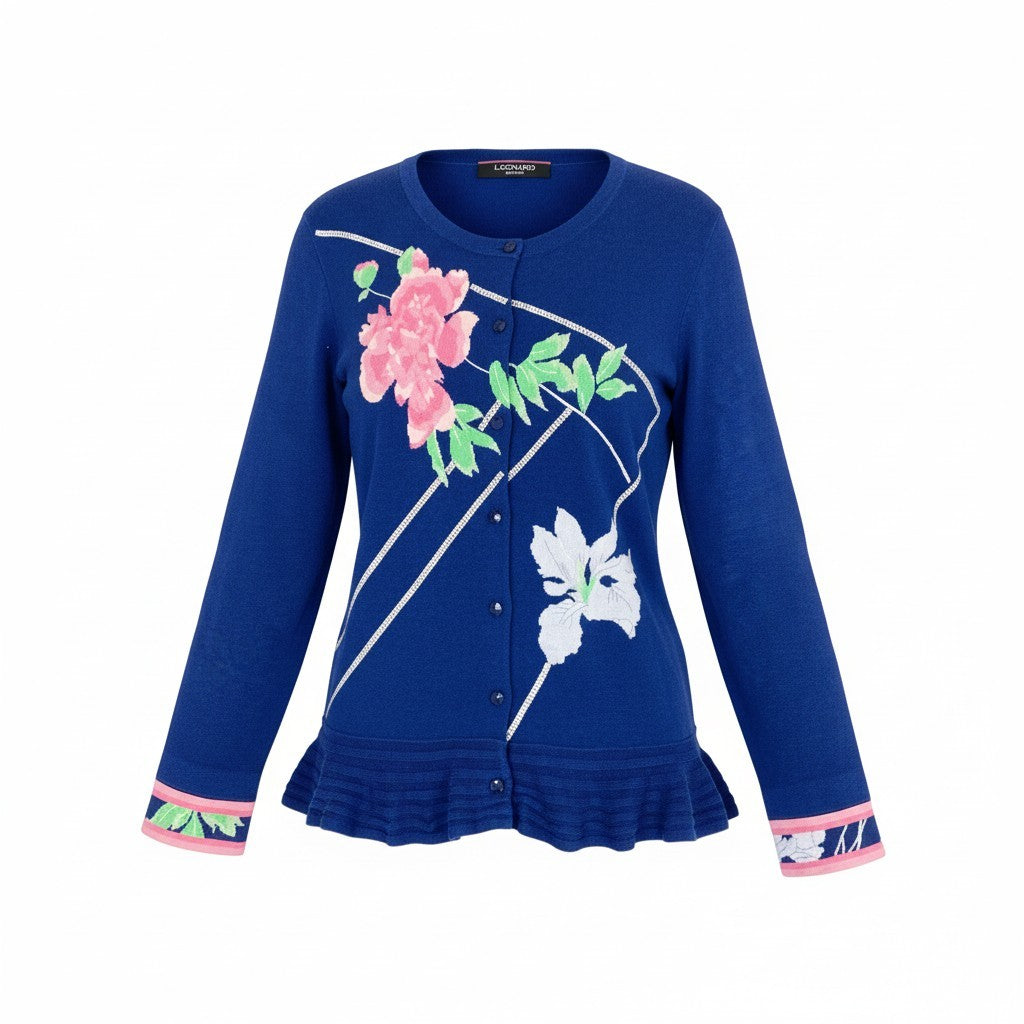 60d13 《美品》 LEONARD FASHION レオナール ロングスリーブ ニットカーディガン 花柄刺繍 ラインストーン装飾 裾フリル サイズ40 ブルー レディース 女性用u02t