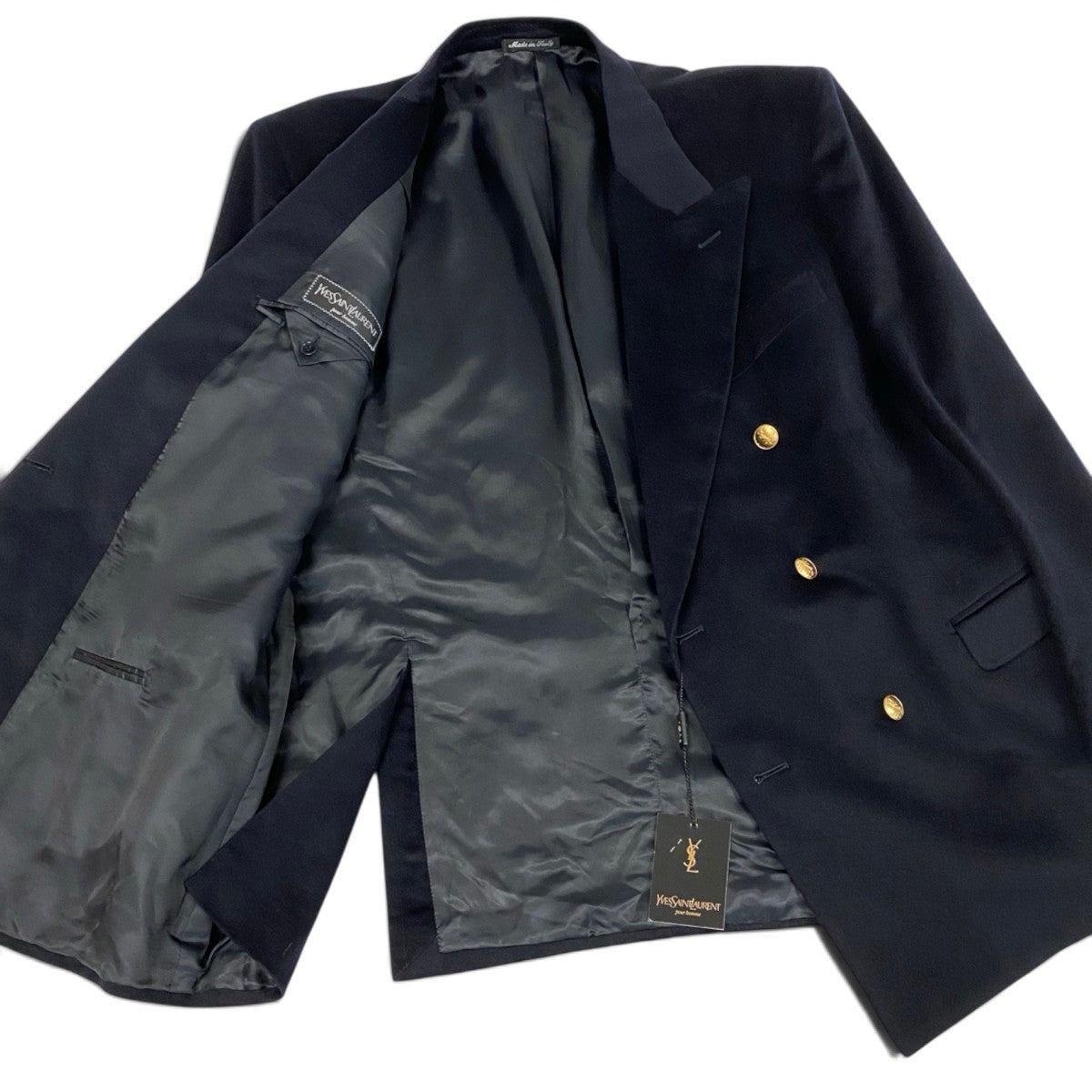 Mi4 YVES SAINT LAURENT イヴサンローラン テーラードジャケット ダブルブレスト YSLボタン 金ボタン 54 ブラック カシミヤ メンズ 紳士服o07t