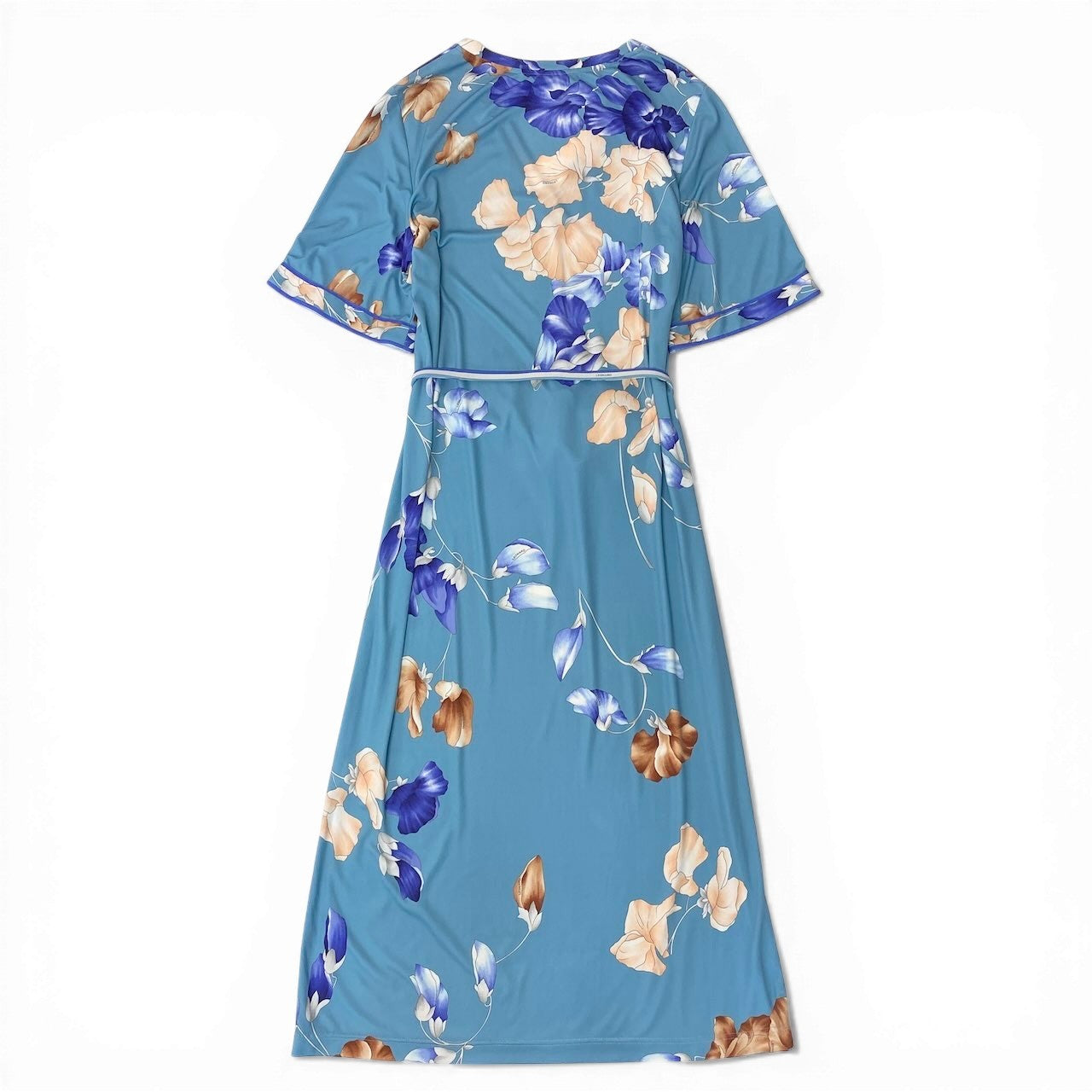 35d12 《美品》 LEONARD PARIS レオナール ショートスリーブワンピース ロングワンピース 美しい花柄プリント Vネック サイズ38 ブルー系 ナイロン100％ レディース 女性用u02t