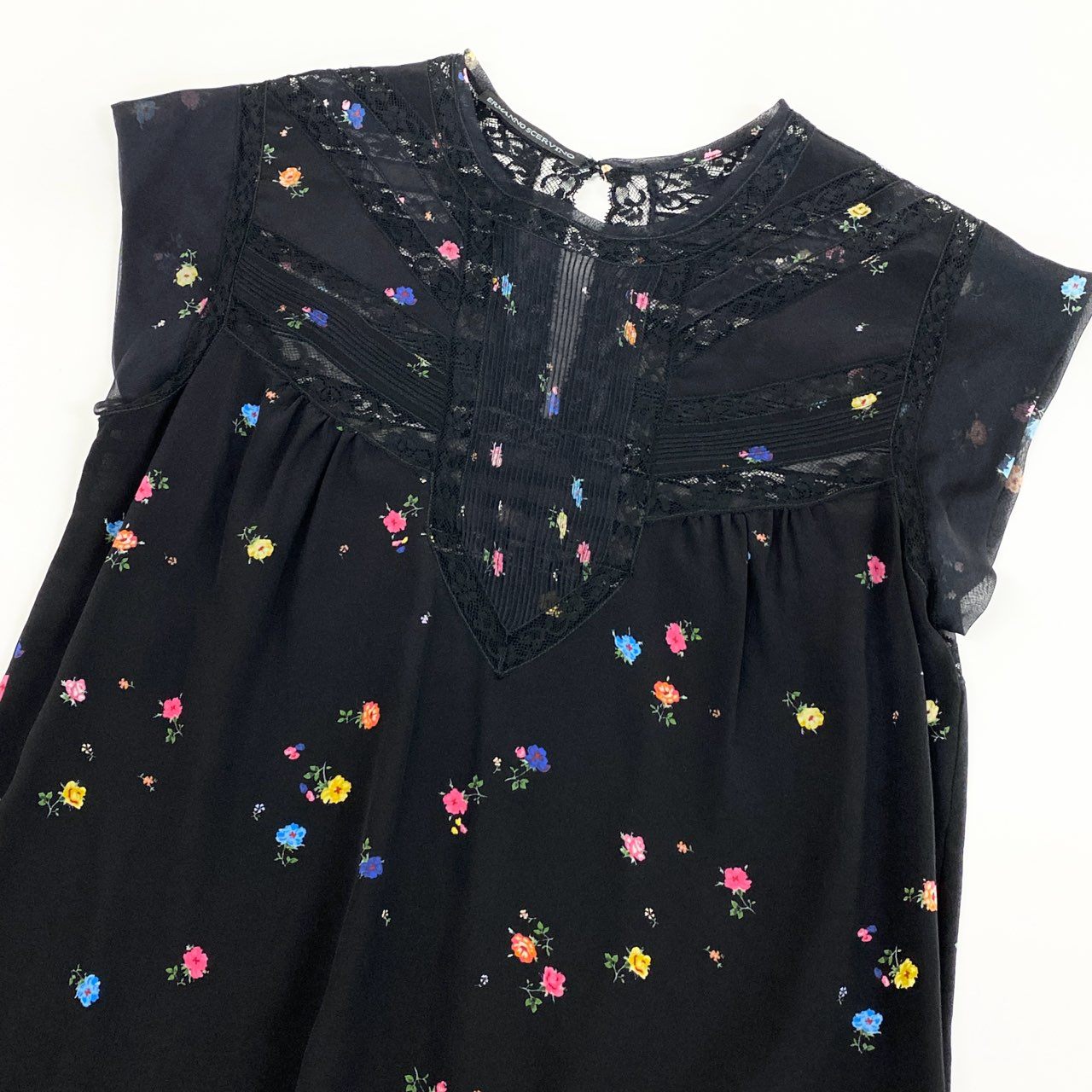 3g2 《美品》 ERMANNO SCERVINO エルマンノシェルビーノ 半袖シャツ カットソー トップス レース 花柄 サイズ38 ブラック シルク レディース 女性用
