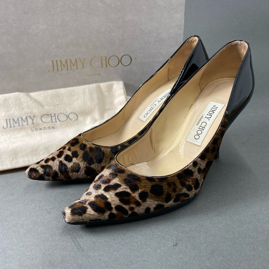 1d4 JIMMY CHOO ジミーチュウ レオパード ハラコ パンプス 36 1/2 ブラック ブラウン パテントレザー シューズ イタリア製 箱有