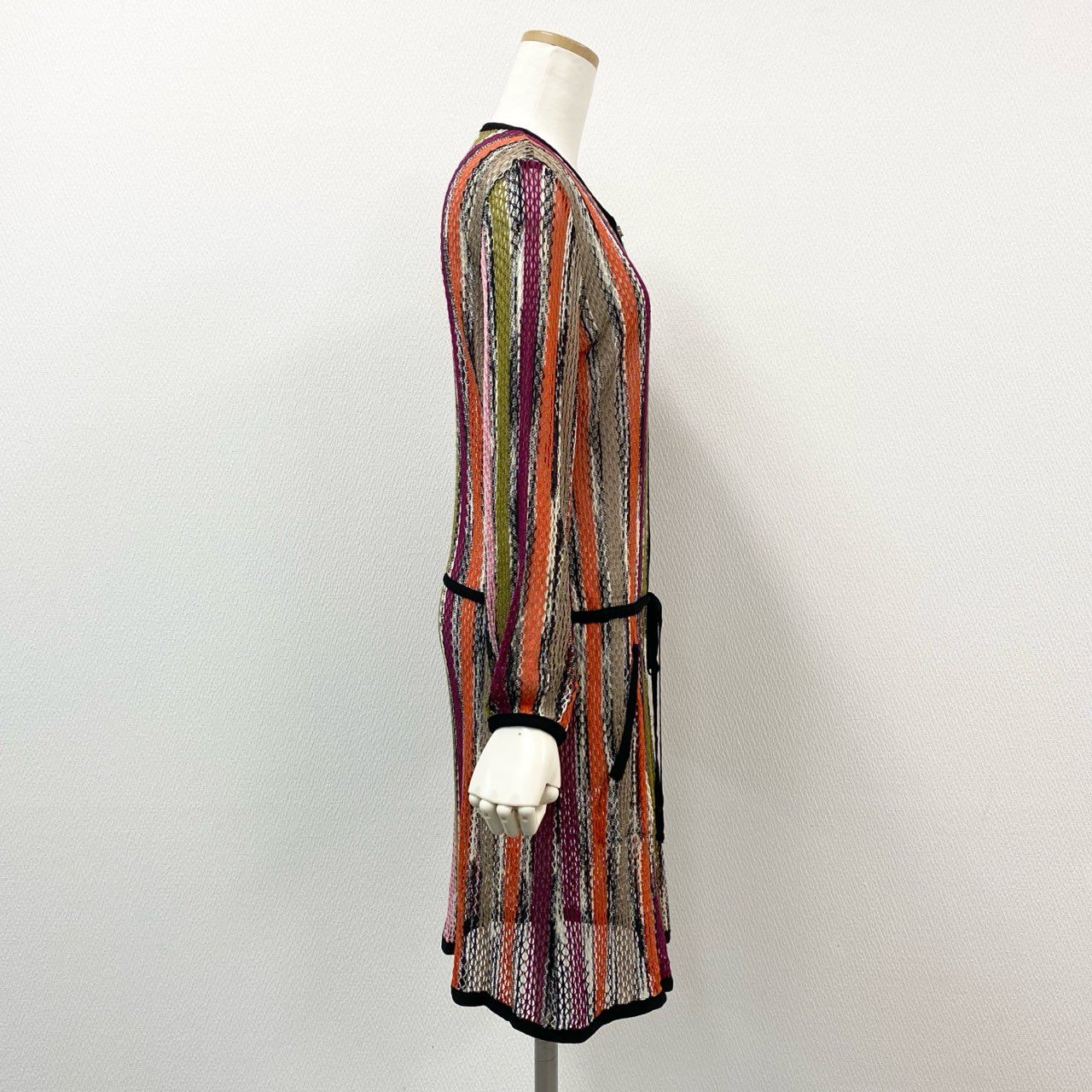 12f11 MISSONI ミッソーニ カギ編み ニットワンピース ジップアップ ロングカーディガン コート サイズ46 マルチカラー レディースk02i