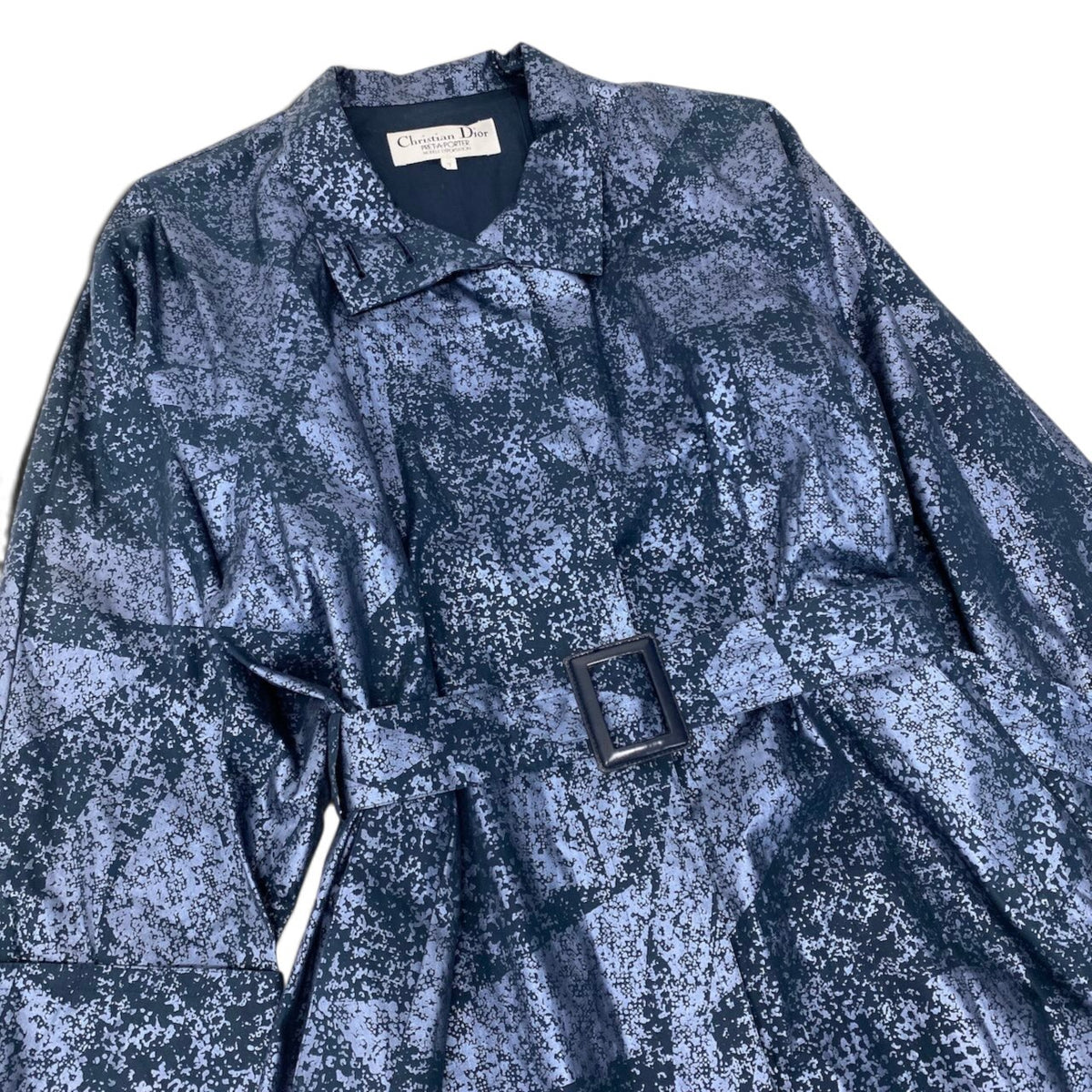 56i16 Christian Dior クリスチャンディオール スタンドカラーコート ロングコート ベルト付 総柄 サイズ7 ネイビー コットン100％ レディースo07t