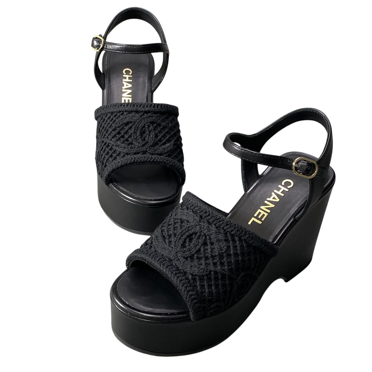 e13【美品】CHANEL 2025SS ウェッジソールサンダル 厚底 ココマーク メッシュ G46364 36Cサイズ ブラック レザー レディース 女性用k02i