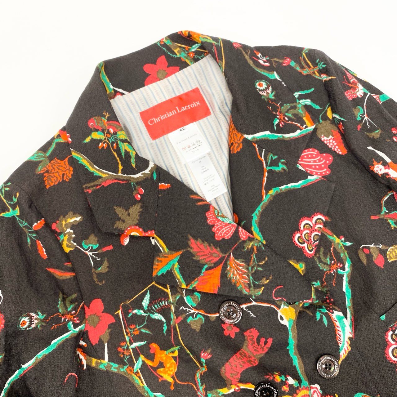 4k23 Christian Lacroix クリスチャンラクロワ セットアップスカート ダブルブレストジャケット フレアスカート 総柄 フェルトワッペン リネン混 レディース  42 ブラウンu02t