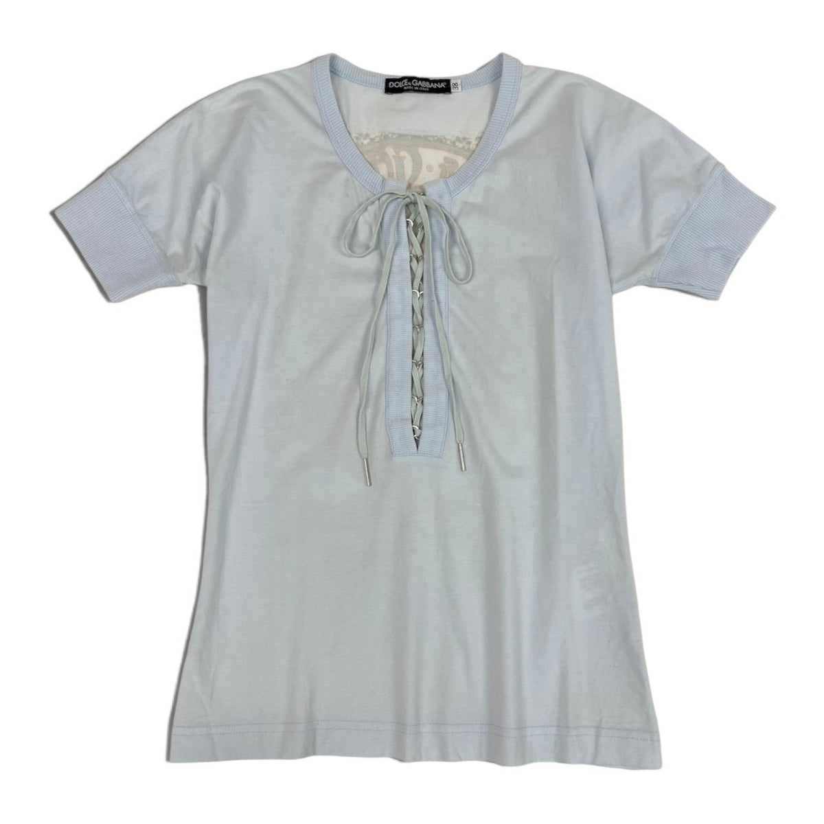 i21 DOLCE＆GABBANA 00's レースアップTシャツ プリントデザイン トップス 38サイズ ライトブルー レディース 女性用u02t