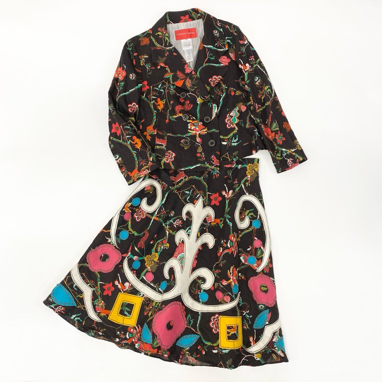 4k23 Christian Lacroix クリスチャンラクロワ セットアップスカート ダブルブレストジャケット フレアスカート 総柄 フェルトワッペン リネン混 レディース  42 ブラウンu02t