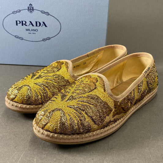 2f13 【美品】 PRADA プラダ ジャガード トロピカルデザイン エスパドリーユ フラットシューズ サイズ36 ゴールド レディース