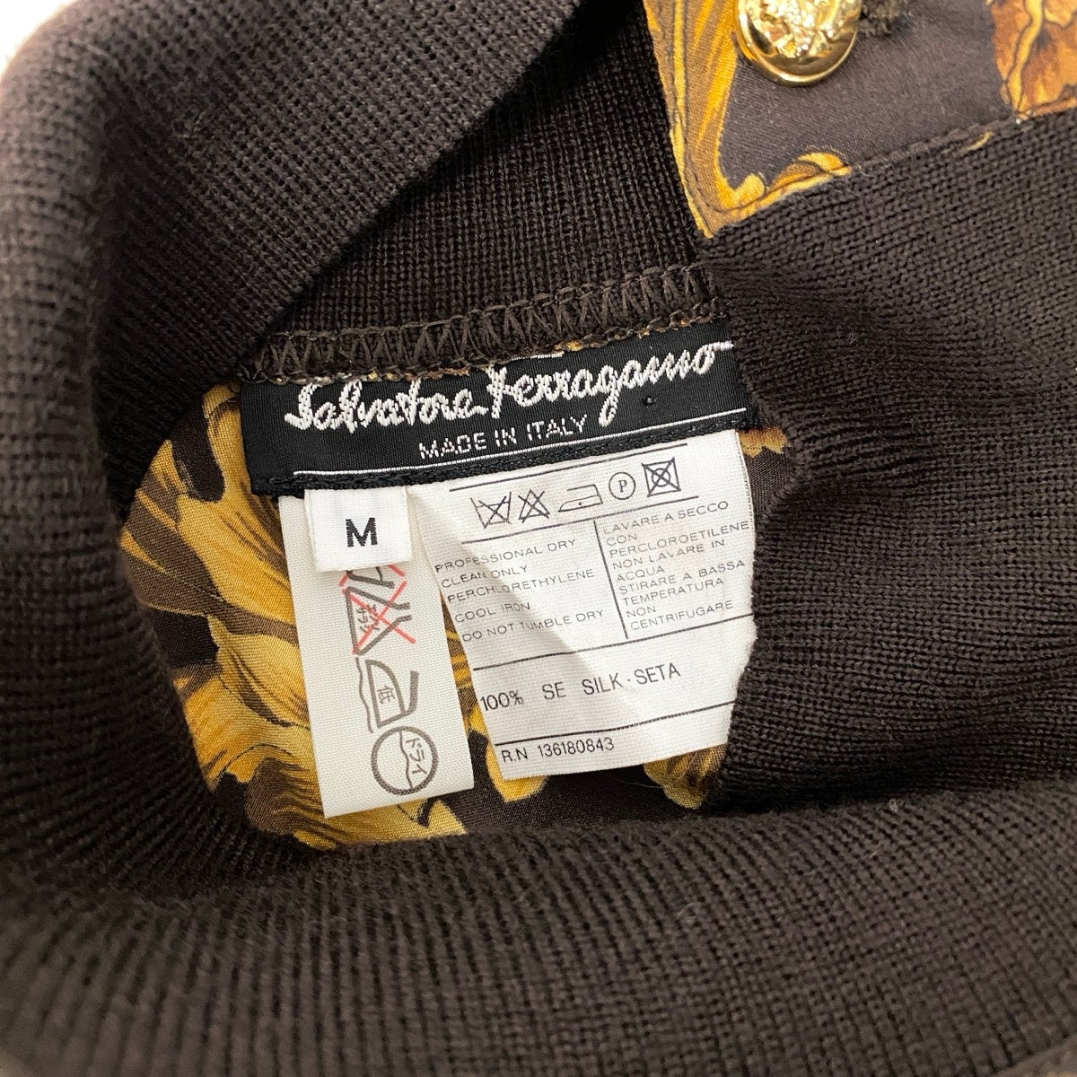 68h18 Sarvatore Ferragamo サルヴァトーレフェラガモ イタリア製 ニット切替 長袖ブラウス 総柄プリント 金ボタン M ブラウン系 シルク100％ レディースo07t