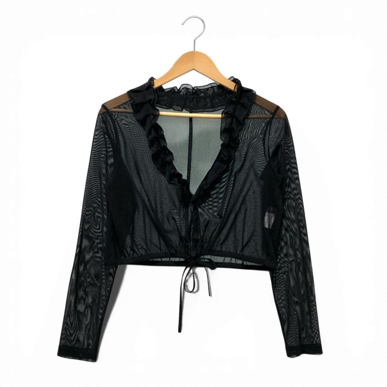 45c6 【美品】 TOKUKO 1erVOL トクコプルミエヴォル シアーボレロ フリル カーディガン ショート丈 裾リボン レディース 女性服 サイズ9 ブラック ポリエステル100％u02t